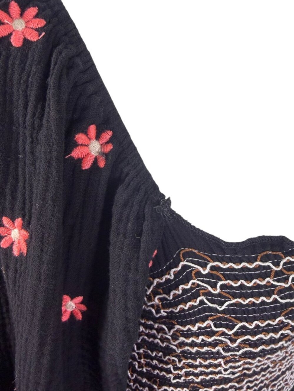 Boutique Style Black Smocked Midi Dress Pink Embroidered Floral Cottagecore M - Picture 14 of 14